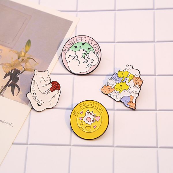 

cartoon cute animal kitten play hug enamel brooch love cat paws round alloy pins badge pink clothes accessories jewelry gifts, Blue