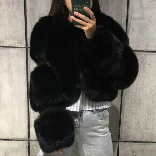 

faux fur coat women turn-down collar thick warm jacket solid color outwear, Black