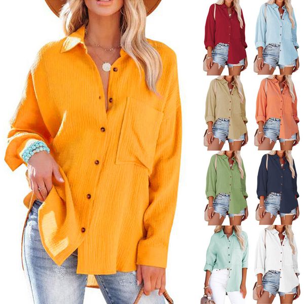 

autumn shirt women fashion pocket long sleeve button up shirt elegant female loose office spring solid color blouse, White