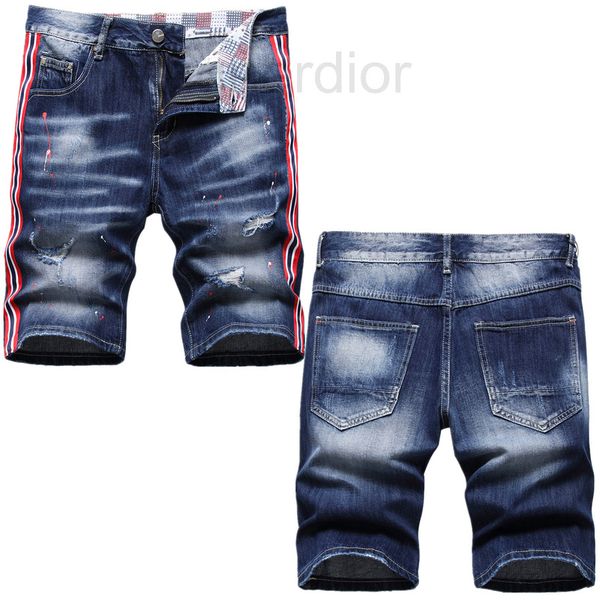 

men's jeans designer spring and summer thin denim shorts men's straight slim fit casual fashion brand five point pants broken hole, Blue
