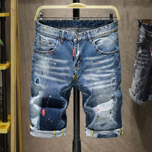 

men's jeans designer chaopai summer street capris heavy industry washing hole patch cloth painting point cowboy pants men 4dzv, Blue