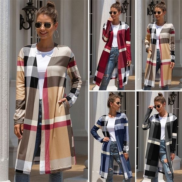 

women's knits tees check long cardigan women autumn plaid fashion unbuttoned jacket big style sweater knitting coat 220916, White