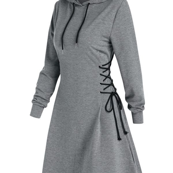 

casual dresses women long sleeve autumn drawstring lace up mini hoodie vestidos femme gothic fashion streetwear 220921, Black;gray