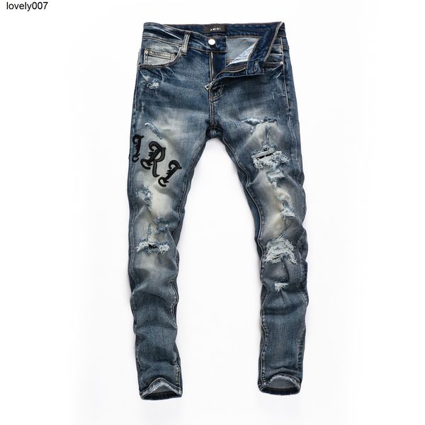 

designer men's jeans amirs men's wear hole patch jeans youth slim print locomotive pants, Blue