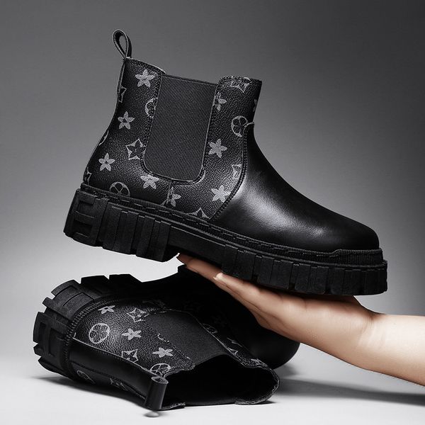 

british chelsea boots men shoes fashion classic pu stitching printing round toe thick bottom casual street outdoor daily ad173, Black