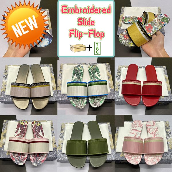 

slippers new with box embroidered slippers cotton slide flip-flop sandal men women beach s