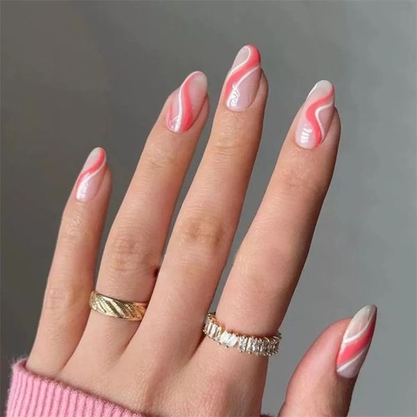 

false nails almond pink ripple design artificial ballerina fake with glue full cover nail tips press on 220921, Red;gold