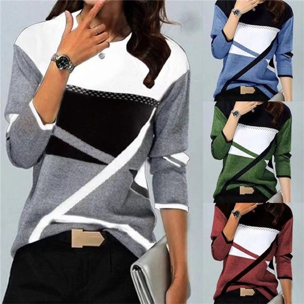 

women's t-shirt fashion contrast print crew neck long sleeve 220921, White