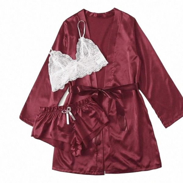 

women's tracksuits lace sling shorts bow cardigan robe three piece set mid length belt waist girls cute print pajamas sets summer 2021, Gray