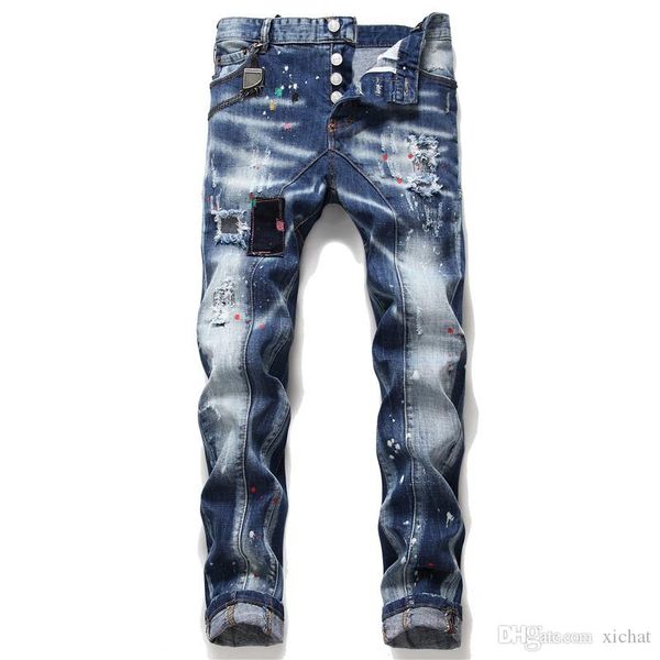 

unique men ripped slim fit jeans fashion designer washed motocycle men's denim pants panelled hip hop biker street wear trousers 1050 n, Blue