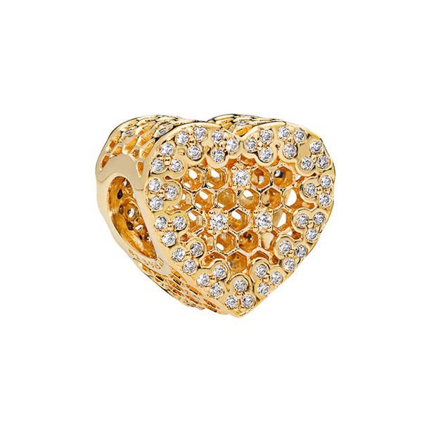 

yellow gold plated sparkling love heart beads charm women designer jewelry diy accessories original box for pandora bangle bracelet necklace, Bronze;silver
