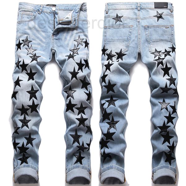 

men's jeans designer fashion brand autumn and winter black five pointed star embroidery slim fit personality feet pants f2dj, Blue