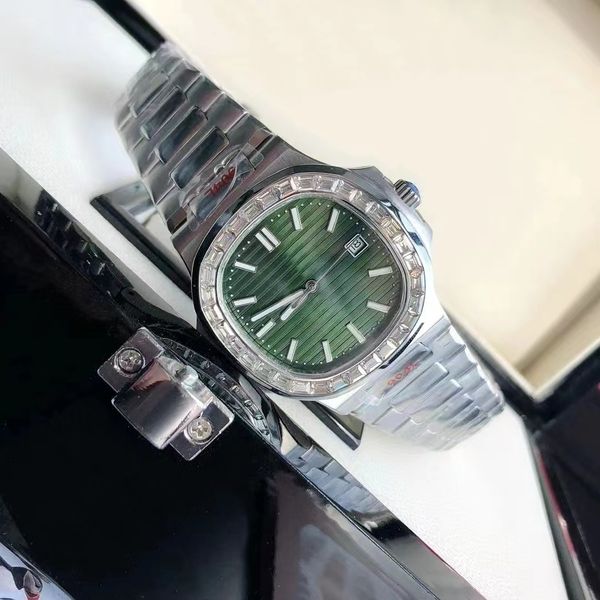 

diamond bezel mechanical watch collection super premium movement fully automatic winding 40mm green dial nautilus watch, Slivery;brown