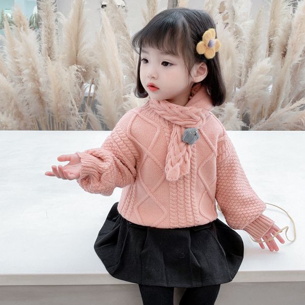 

pullover girls sweater kids baby's coat outwear send scarf plus velvet thicken warm winter autumn knitting pure cotton children 220921, Blue