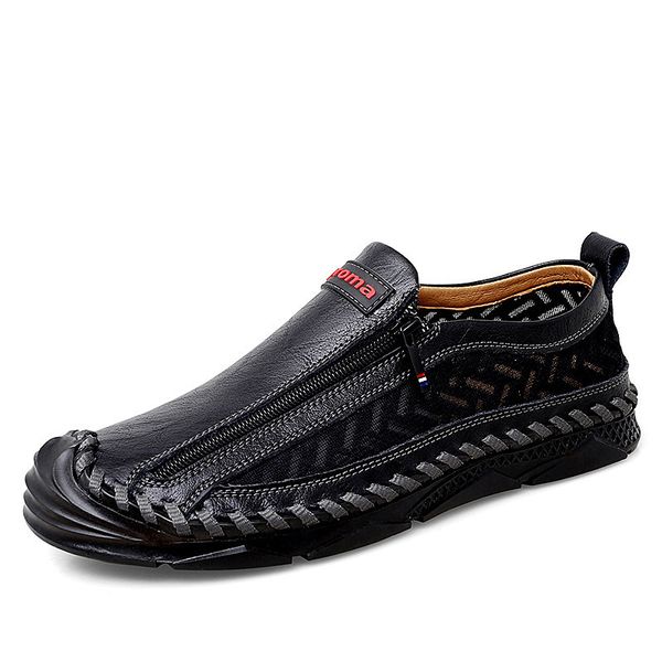 

dress shoes leather casual shoes men's casual moccasins loafers men breathable footwear zip male sneakers sewing 220922, Black