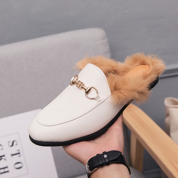 

Fashion Half Drag Men Shoes Winter Plus Fluffy PU Metal Buckle One Pedal Baotou Open Heel Comfortable Casual Daily AD195, Clear