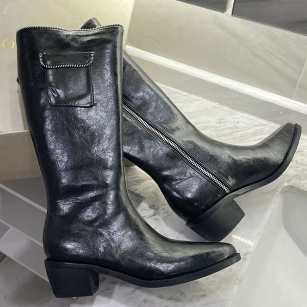 

new luxury designer boots knee high add pocket boots women shoes natural genuine leather platform riding zipper ladies long autumn beige siz, Black