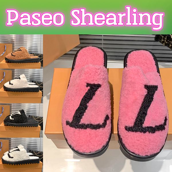 

women slippers fur slides paseo flat comfort sandal luxury shearling slide gognac beige designer furry slipper winter wool shoes pink black