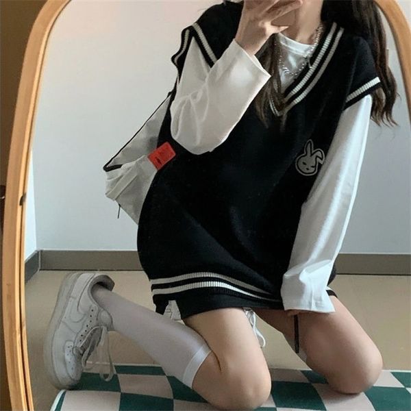 

women's vests deeptown school style black vest women oversized preppy fashion rabbit print harajuku kawaii cute pullover female korean, Black;white