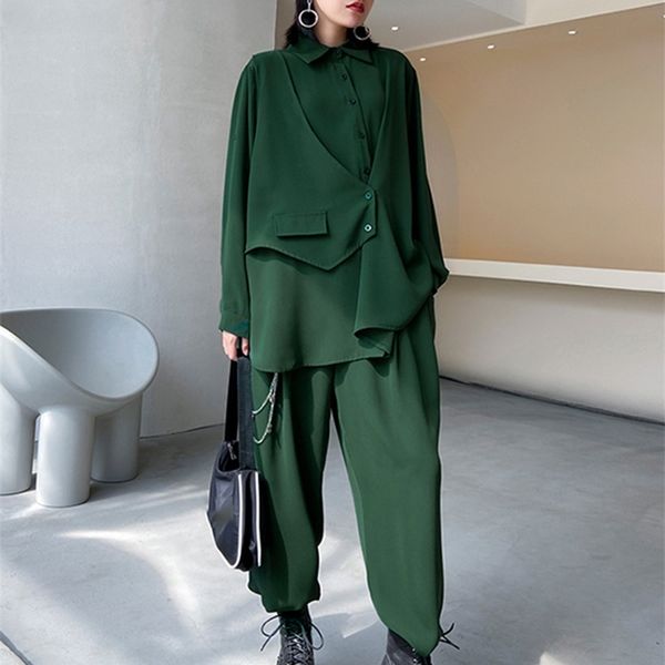 

women's two piece pants eam wide leg pants irregular big size two piece suit lapel long sleeve loose fit women fashion spring autumn 1z, White