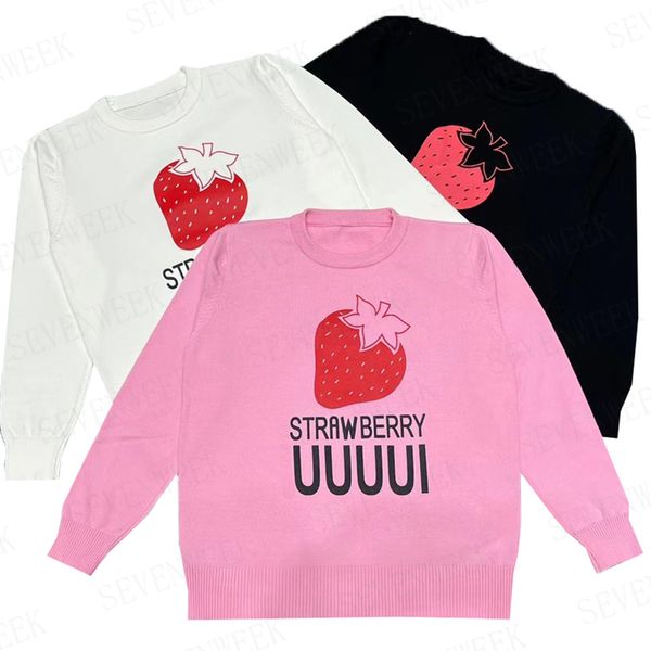 

strawberry letter knitted hoodie womens sweaters long sleeve fashion pullover ladies winter sweater, White;black