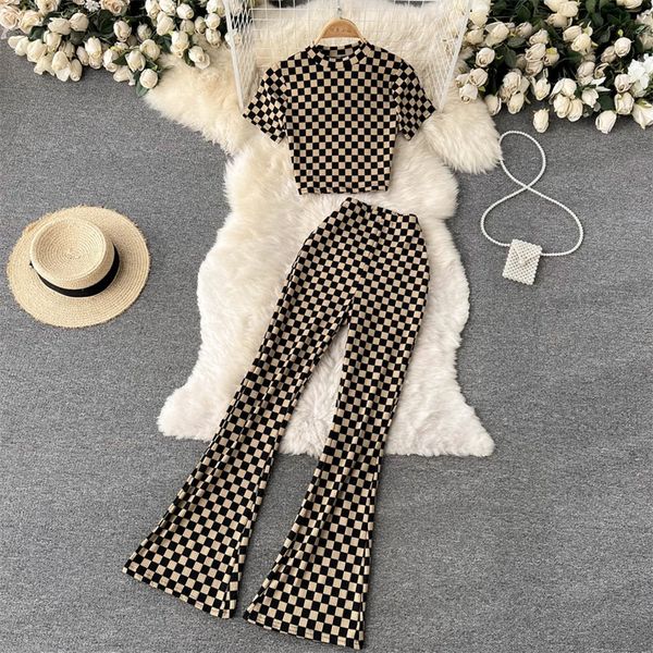 

women's two piece pants singreiny summer women fashion retro plaid set short sleeve slim short high waist long flared pants two piece s, White