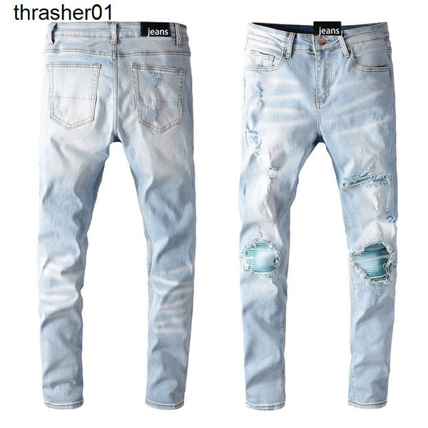 

men's jeans fashion streetwear amris light color hole patch jeans for men, Blue