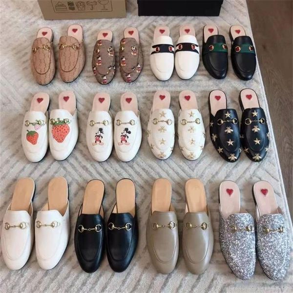 

designer princetown slippers genuine leather mules women loafers metal chain casual shoe lace velvet slipper with box308u, Black