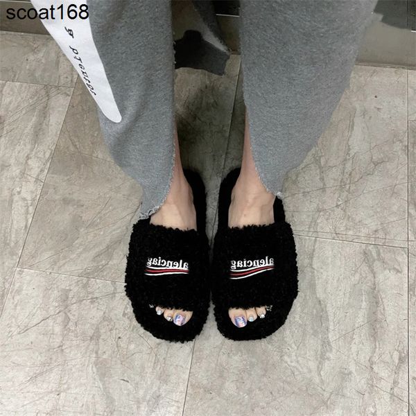 

slippers designer balencaigass paris fur slippers for women to wear new autumn winter family embroidery letters aristocratic slippers ins fa, Black
