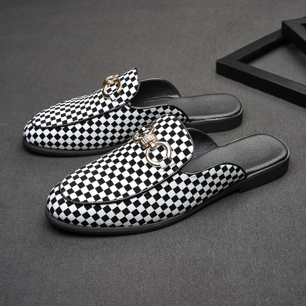 

Fashion Half Drag Men Shoes Personality Black and White Plaid PU One Pedal Baotou Exposed Heel Metal Decoration Casual Daily AD192, Clear