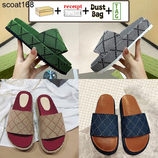 

slippers mid-heel platform slippers with box xad grey canvas beach sandals mouse printed og jacquard denim slides classic men women shoes, Black