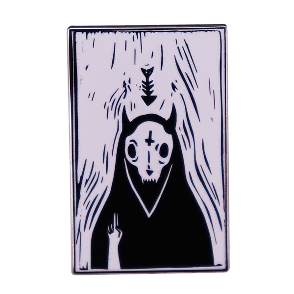 

grim reaper satanic cat skeleton with inverted upside down cross fishbone badge enamel pin gothic animal pins, Blue