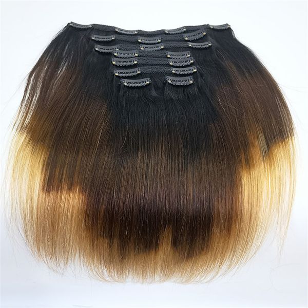

brazilian straight clip in human hair extensions t1b/4/27 8 pcs/set 120g remy hair clips ins machine made 10-22 inch, Black;brown