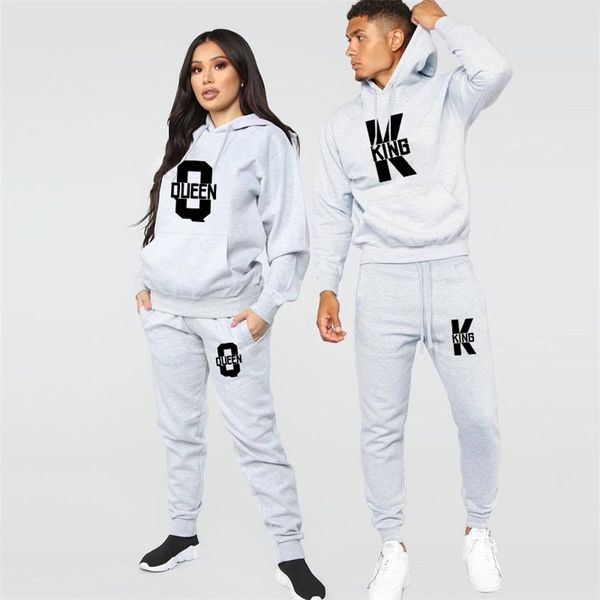 

men's tracksuits fashion lover couple clothing sportwear set king queen printed hooded clothes 2pcs set hoodie and pants suit hoodies w, Gray