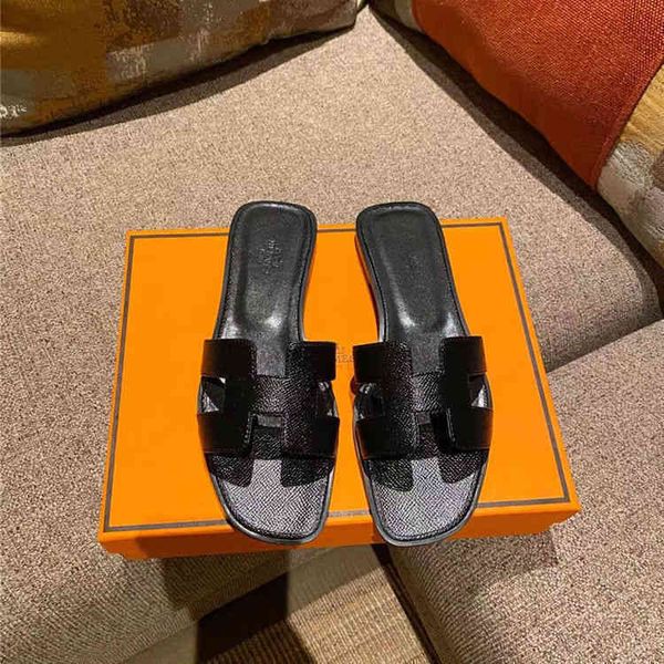 

classic herme dhl luxury h designer slippers herme slides high version h family women's 2022 summer new beach leather flat bottom sanda, Black