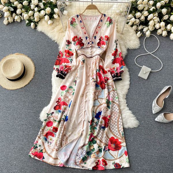 

euramerican ins style women's dress 2023 summer new deep v-neck breasted slim long printed dress bubble sleeve, Black;gray