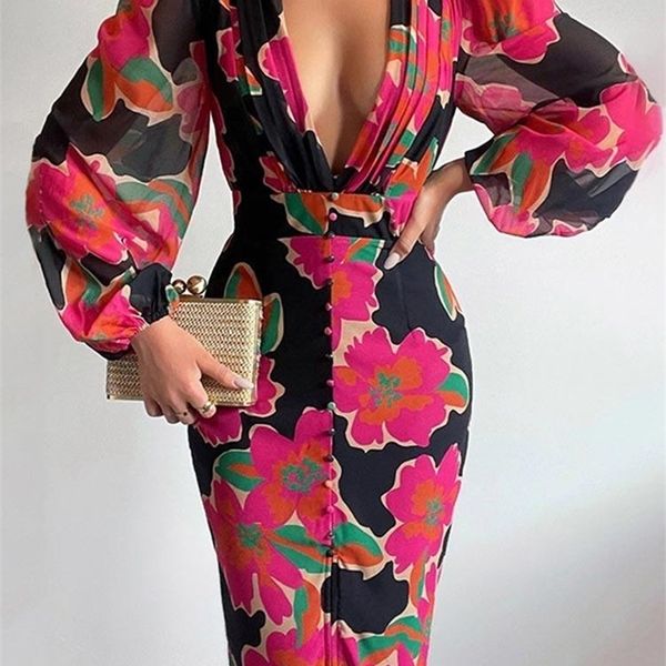 

casual dresses floral print v neck bodycon long dress women sleeve single-breasted spring female party beach vestidos 220921, Black;gray