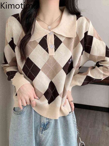 

women's sweaters kimotimo contrast color argyle sweater women autumn turn down collar button sweater french retro preppy style long sle, White;black