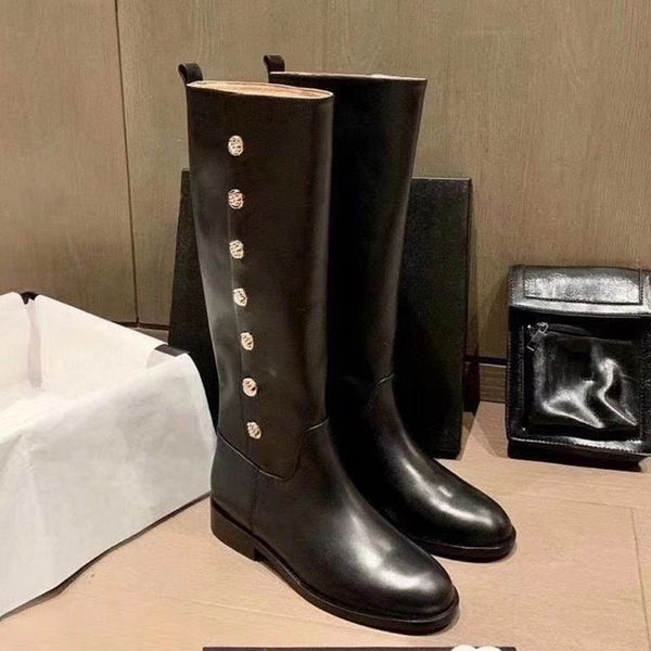 

women designer c buckle button knee boots france brand vintage lambskin leather low heels long boot lady cowhide fashion chunky heel luxurys, Black