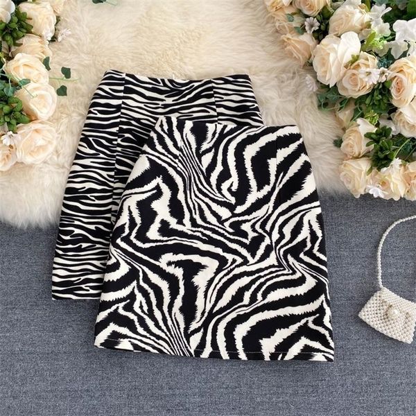 

skirts korean zebra print midi women autumn female a-line high waist loose vintage mini 220921, Black
