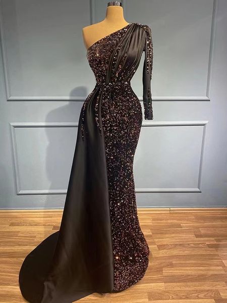 

black prom dresses lace one long sleeve v neck appliques shiny satin sequins beaded evening dresses lace train floor length party gowns plus