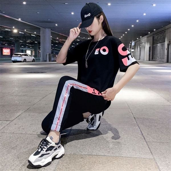 

women's two piece pants set woman 2 pieces sportswear summer fashion korean loose casual student letter printing short sleeve sport tra, White