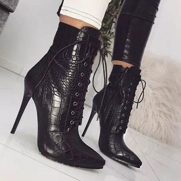 

crocodile pattern strap design women's short boots autumn and winter stiletto mid-tube shoes knight boots, Black