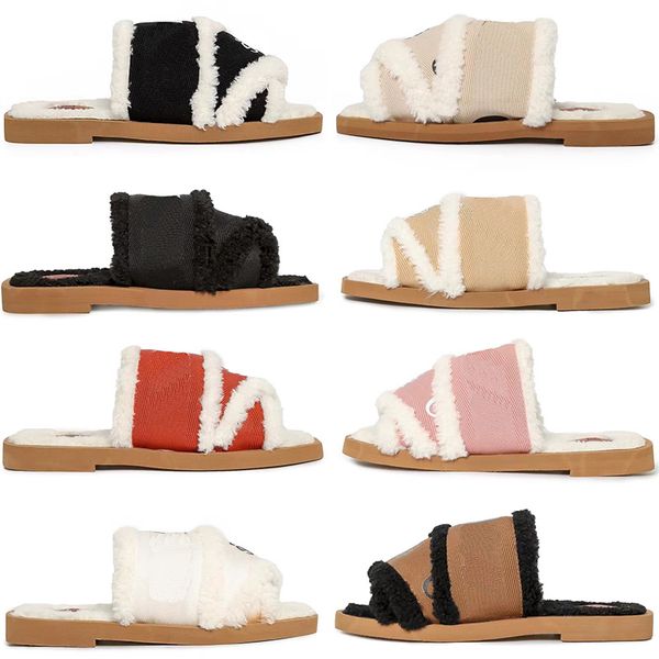 

flat mules sandals slides fur slipper shoes designer women woody sail canvas white black womens fashion furry astralian shoes suit for home