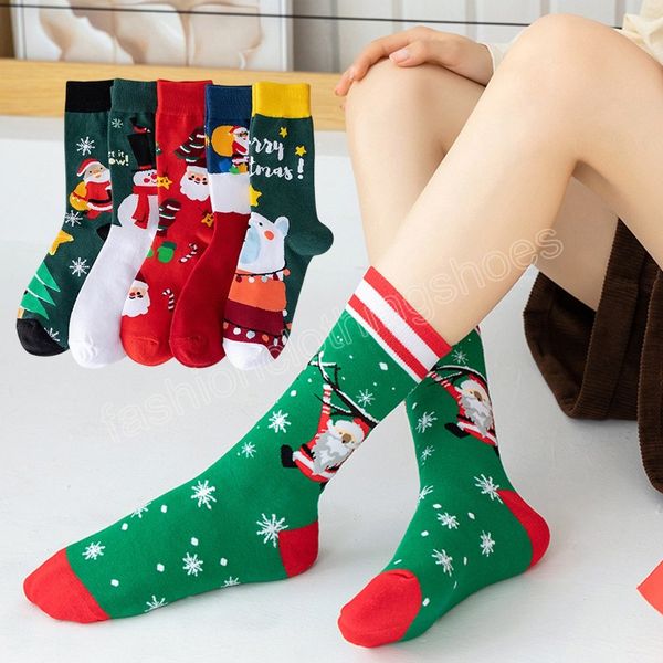 

woman christmas socks funny xmas santa claus tree snowflake elk snow cotton middle tube crew sock men new year cartoon sokken, Pink;yellow
