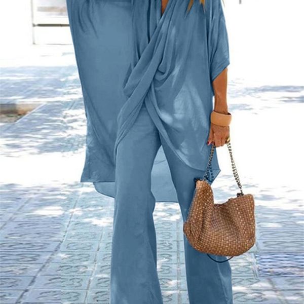 

women's two piece pants zanzea fashion women pants sets summer two piece sets solid trouser suits outifits v neck 34 sleeve asymmetrica, White