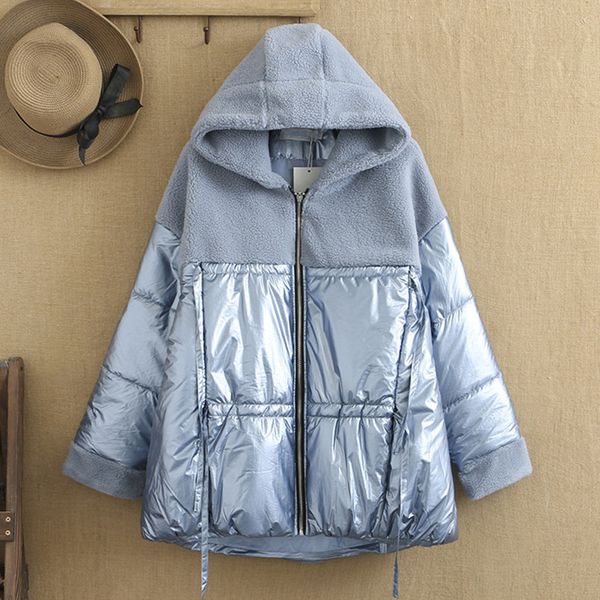

women s plus size outerwear coats size winter women s cotton coat hooded plush imitation leather patchwork jacket in the middle of a thicken, Black