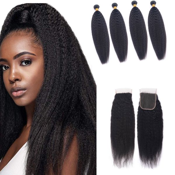 

brazilian human hair kinky straight 4 bundles with 4x4 lace closure baby hairs yaki 5 pieces natural color 10-30inch, Black;brown