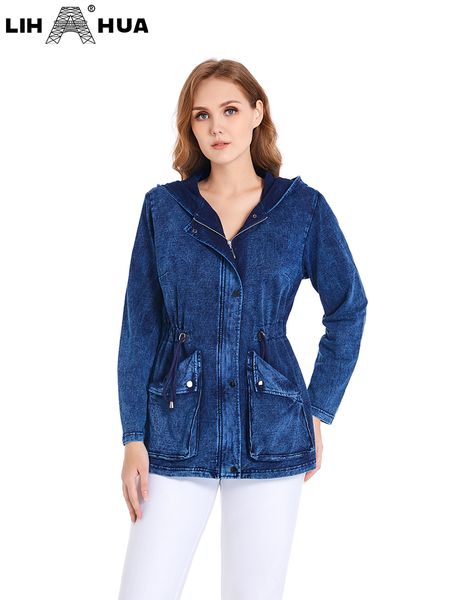 

women s plus size outerwear coats lih hua denim jacket autumn casual high flexibility hoodie cotton knitted 220922, Black