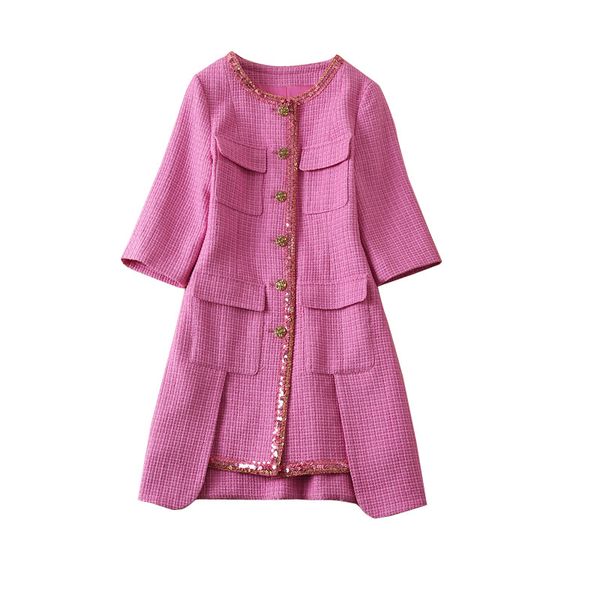 

908 xl 2022 autumn women's runway dress long sleeve crew neck pink dress flora print as, Black